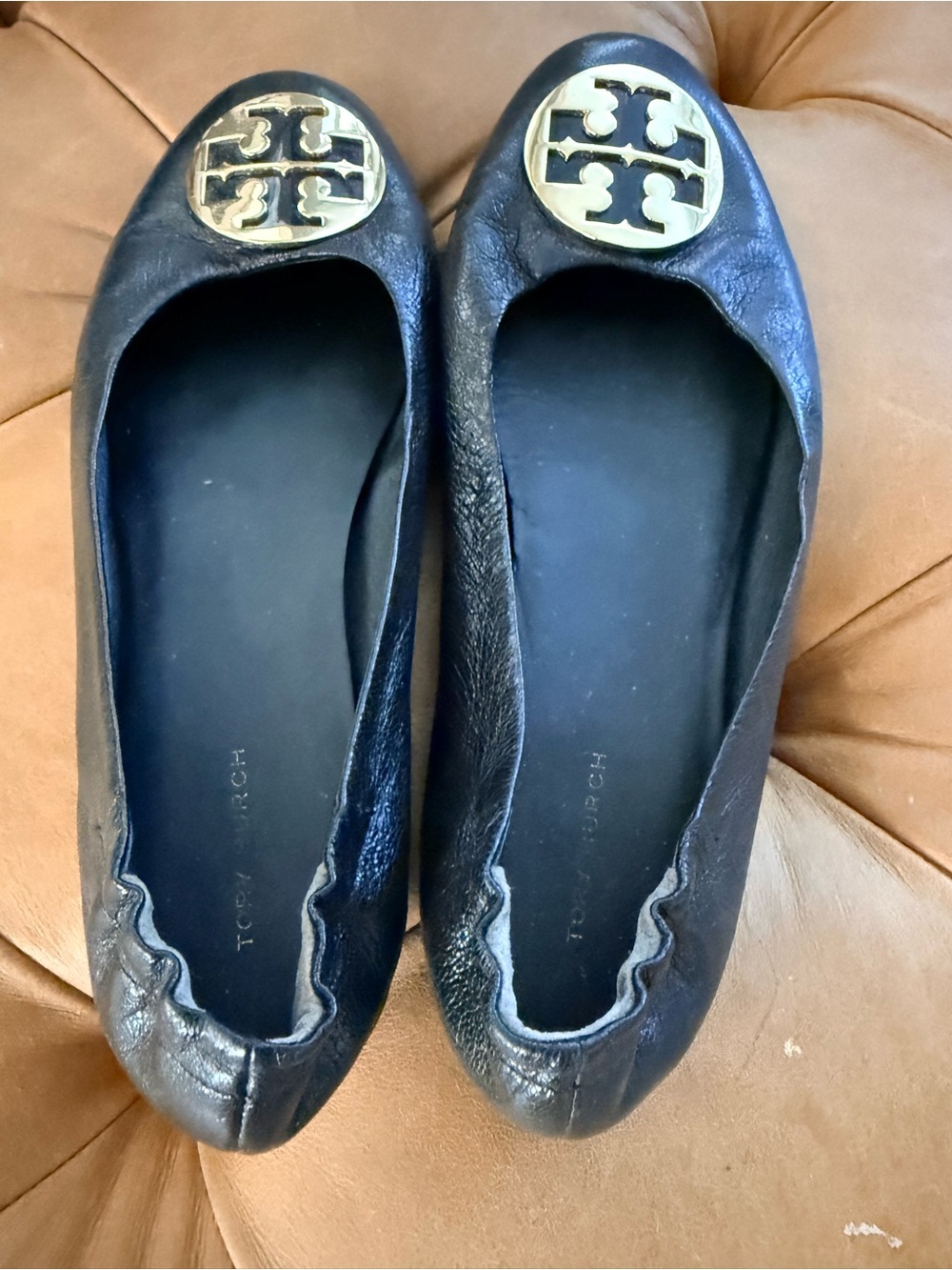 Tory Burch Black Leather Logo Round-Toe Ballet Flats